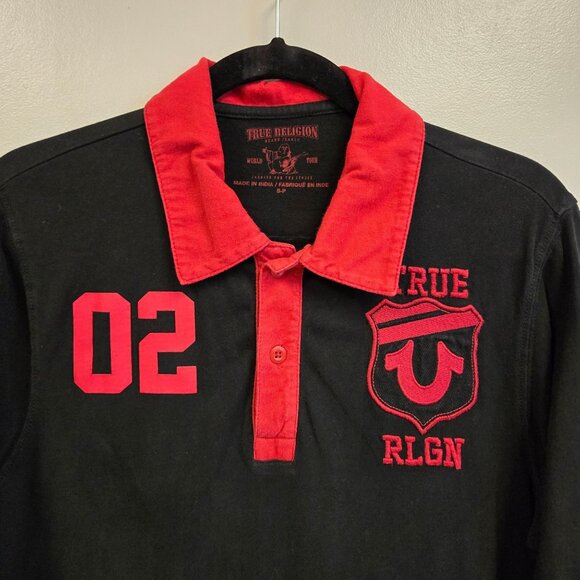 True Religion Y2K Mens S Black Red Long-Sleeve Rugby Polo Shirt Embroidered Logo - Picture 3 of 10